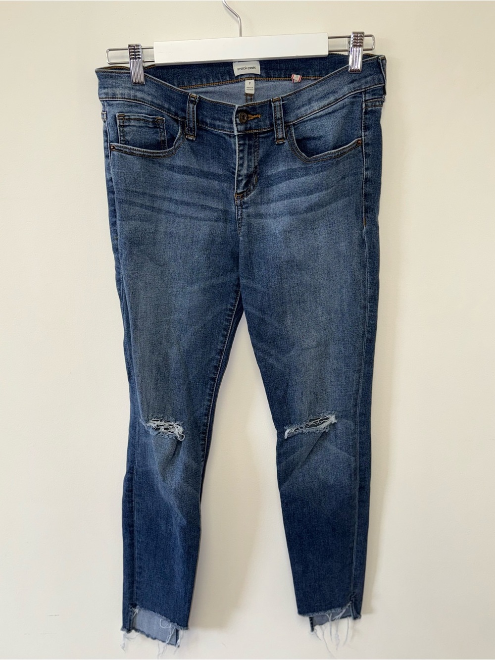 Sneak Peek (7) Low Rise Distressed Denim Skinny Jeans with Raw Hem